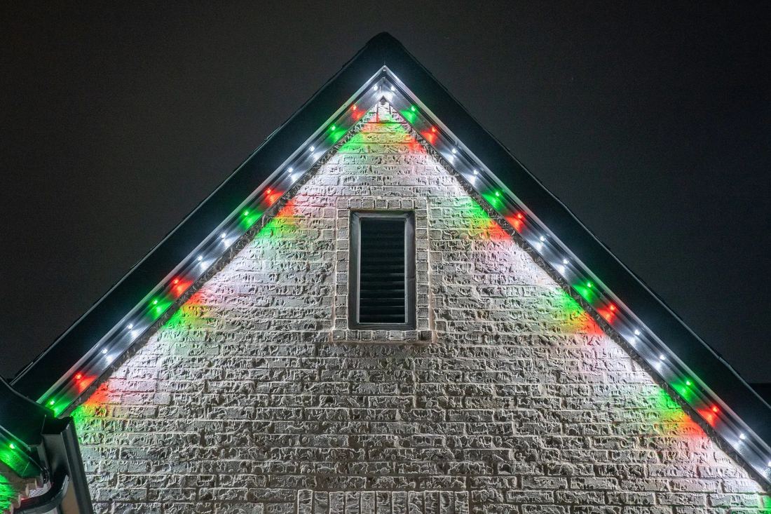 Gable in red, green and white Christmas lighting