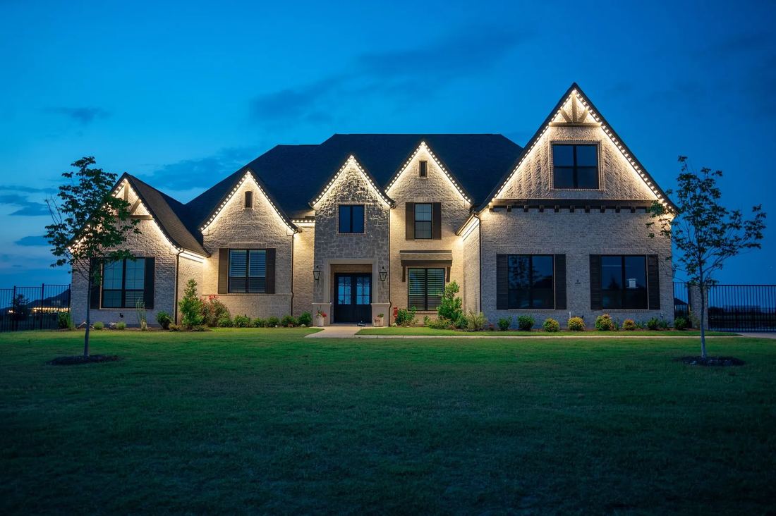 Stone home in the selected lighting look